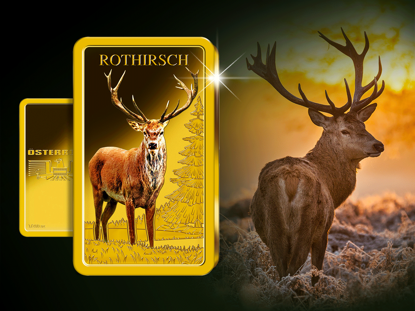 Goldbarren "Rothirsch" mit Farbveredelung und UV-Leuchteffekt