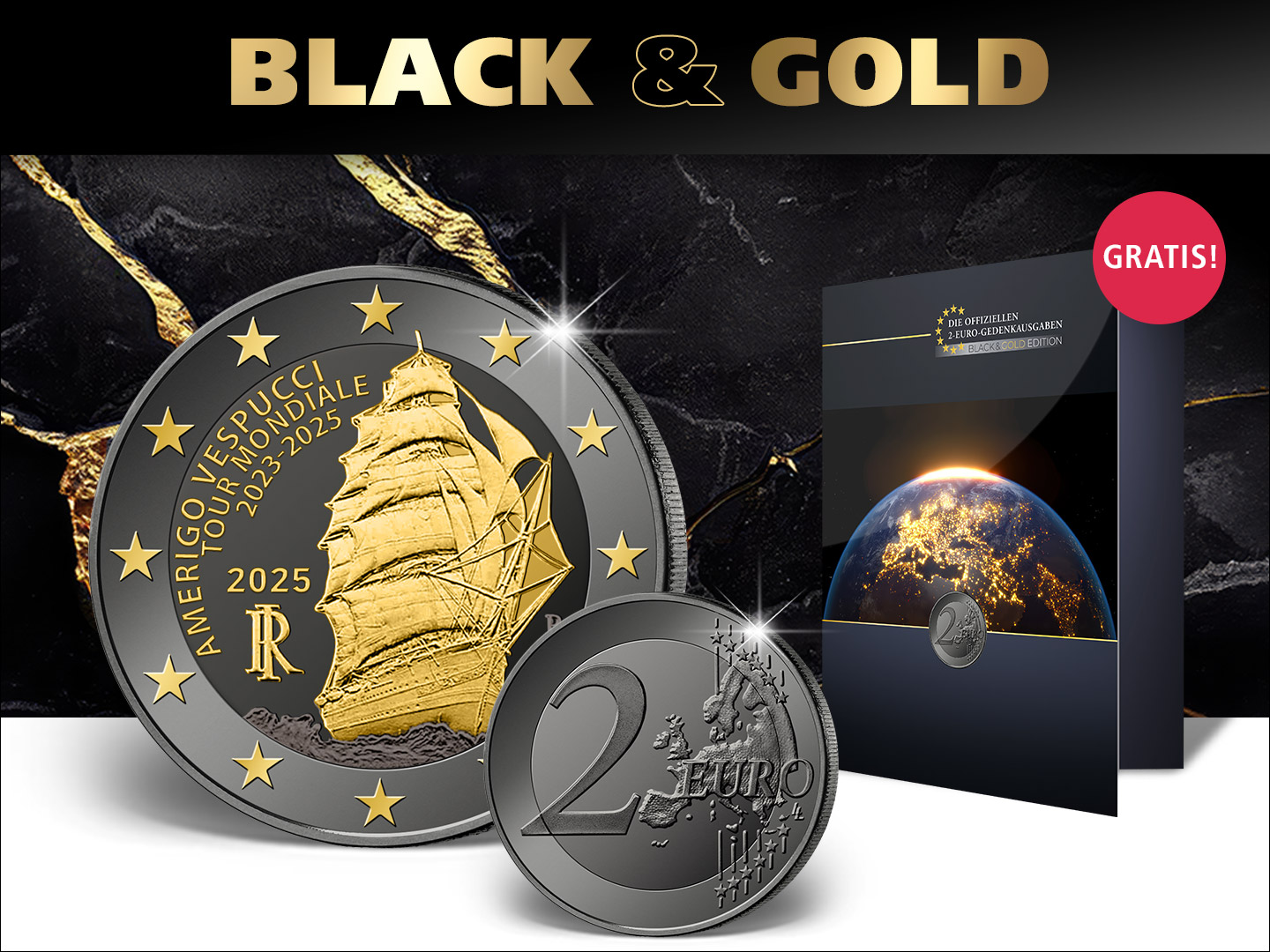 2-Euro-Gedenkausgabe "Weltreise Vespucci" Black&Gold-Edition