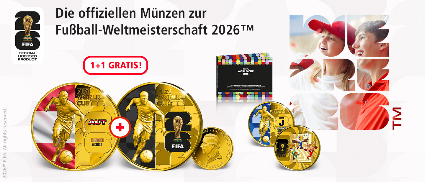 Offizielle FIFA WM 2026 Sammlermünzen "Österreich" und "Trophäe"