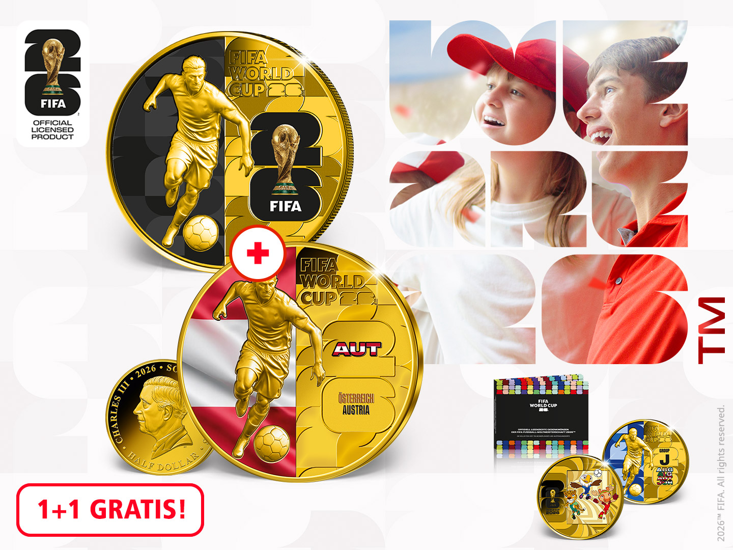 Offizielle FIFA WM 2026 Sammlermünzen "Österreich" und "Trophäe"