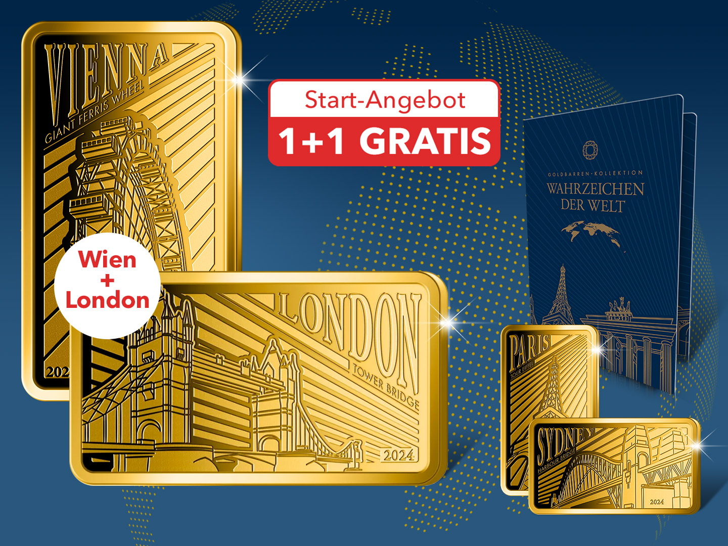 Gold-Barrenmünzen "Wiener Riesenrad" und "Londoner Tower Bridge"