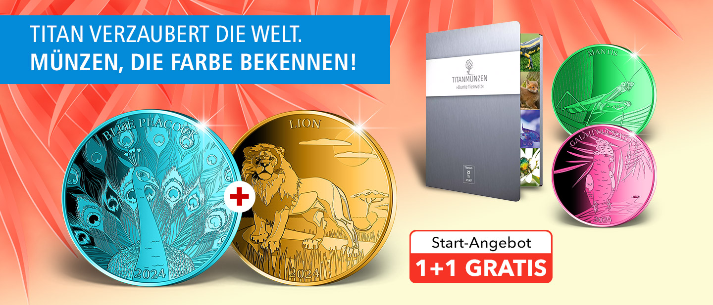 Titanmünzen "Blauer Pfau" und "Löwe"