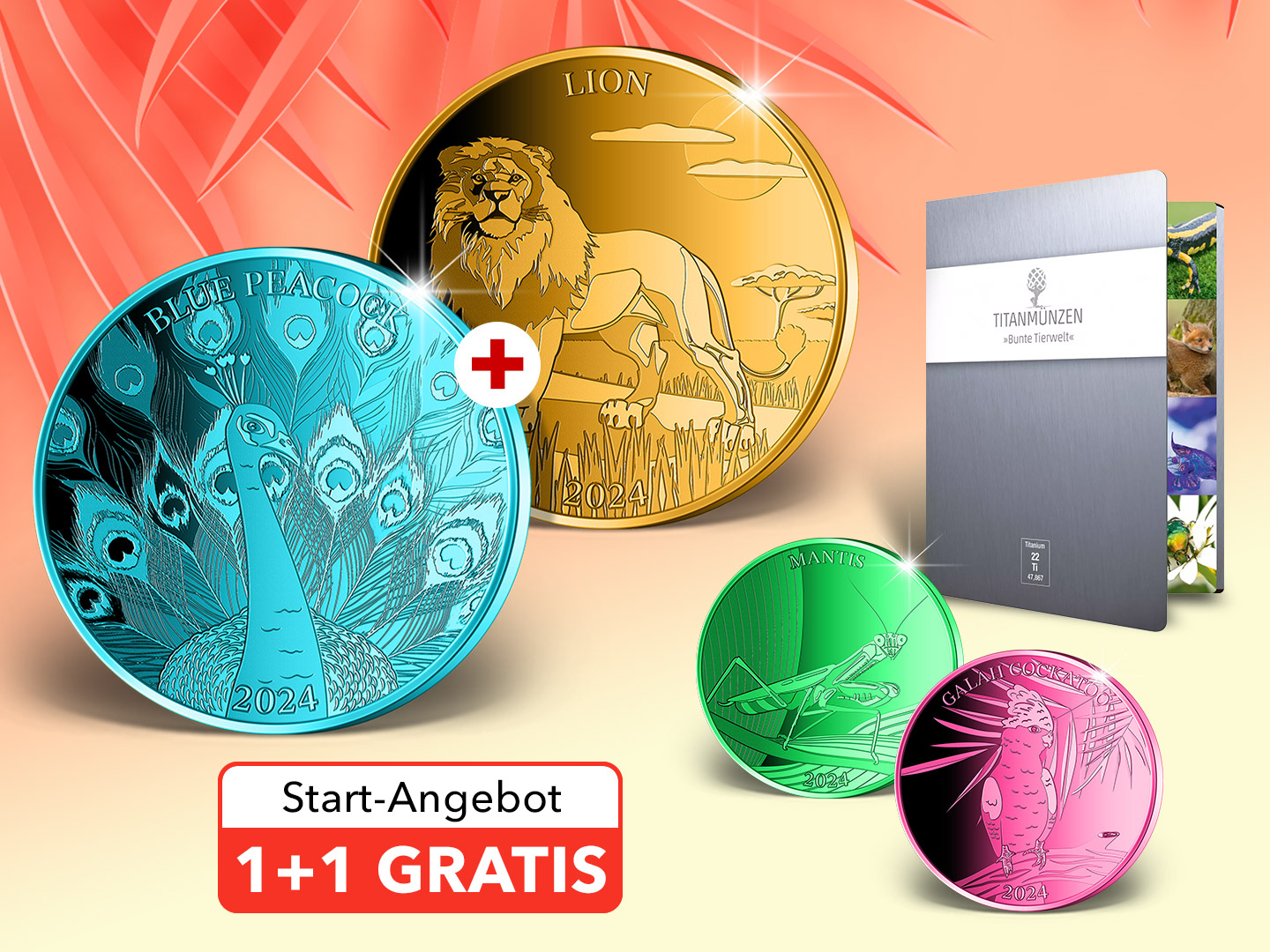Titanmünzen "Blauer Pfau" und "Löwe"