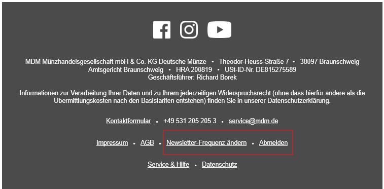 Abbildung der Punkte Newsletter-Frequenz ändern und Abmelden im unteren Bereich eines jeden Newsletters