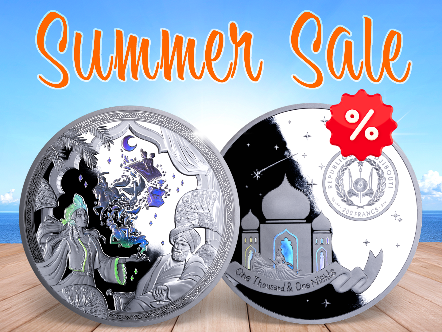 Summer Sale - 2-Unzen-Silbermünze "1001 Nacht" mit Hologramm-Details